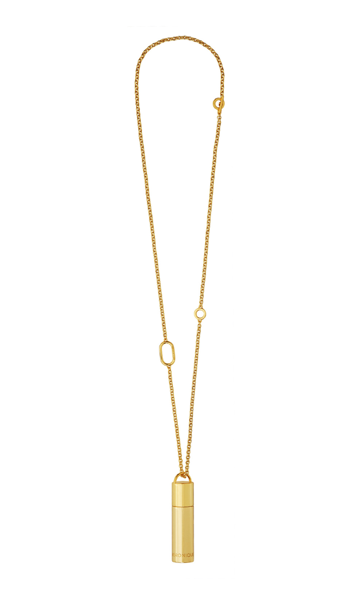 Veronique Gabai's Le spritz Gold Necklace: a long gold chain with a cylindrical pendant on a white background.