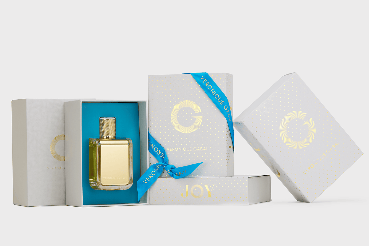 Veronique Gabai 85ml perfume bottle in 2025 Gift packaging: a blue ribbon wrapped around a white polka-dotted box.