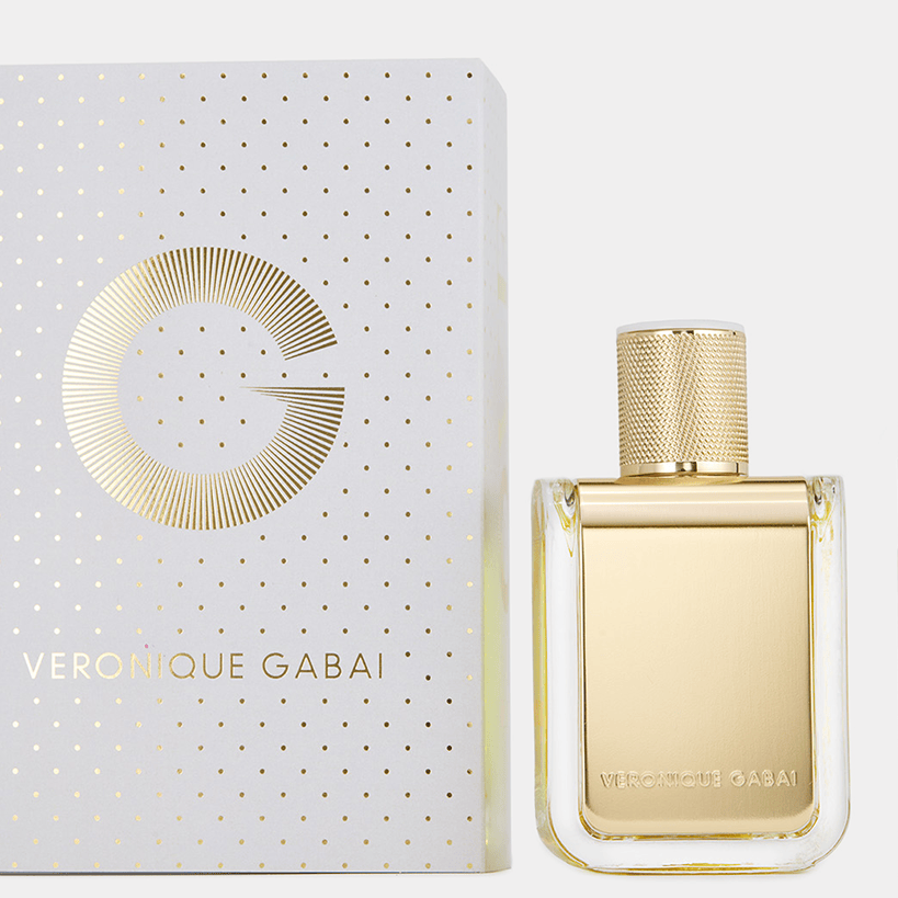 Veronique Gabai perfume bottle and white packaging on a white background