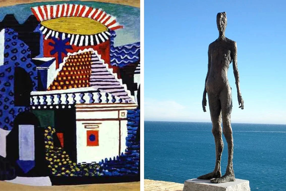 Two images side by side: the painting "Landscape of Juan-les-Pins" by Picasso, and an image of his statue " La Grande Dame" in fron tof the ocean.