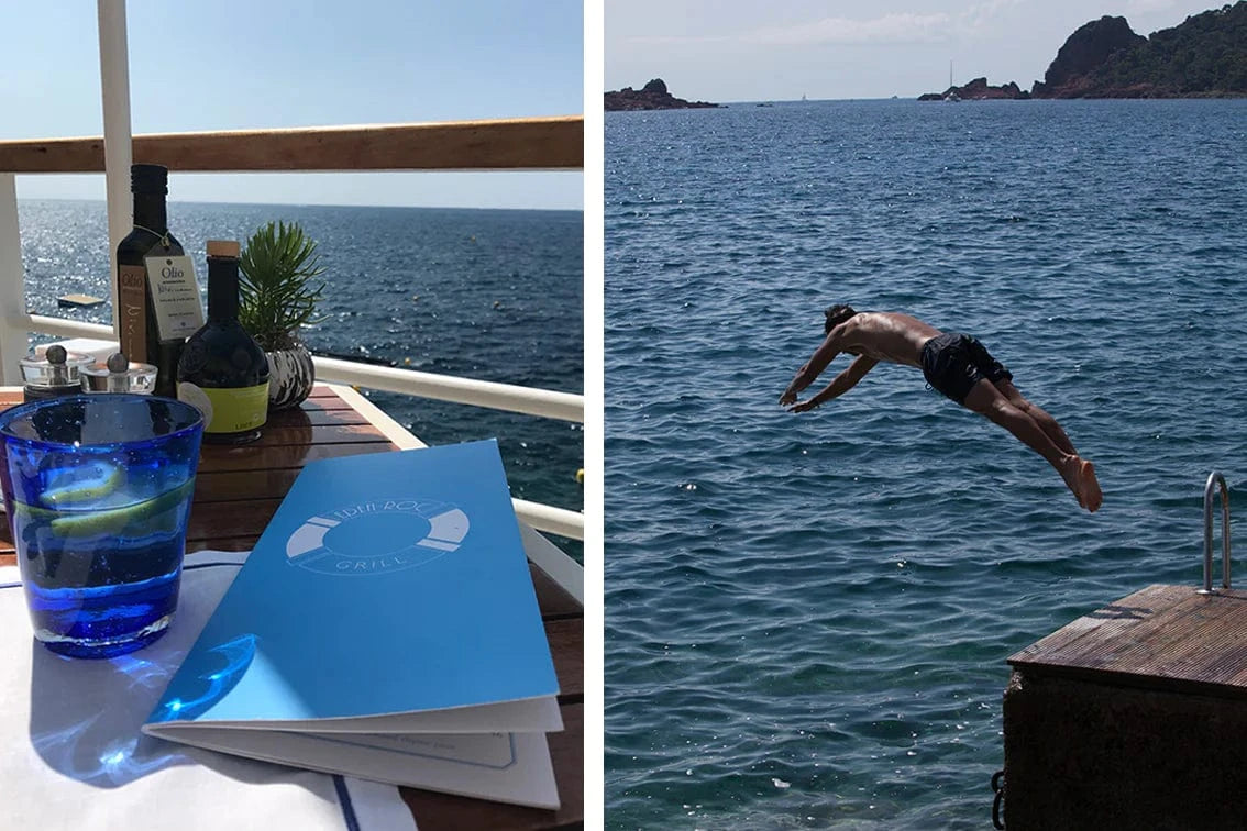Two lifestyle images side by side: the view of a restaurant table along the beach, a young man diving into the coastal ocean. 